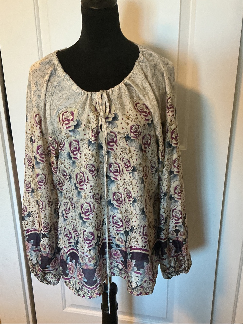 Gerard Darel Boho Floral Peasant Tunic - Gray with Purple Rose Print S
